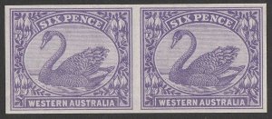 WESTERN AUSTRALIA 1898 Swan 6d IMPERF pair imprimatur. MNH **. 1 sheet existed.