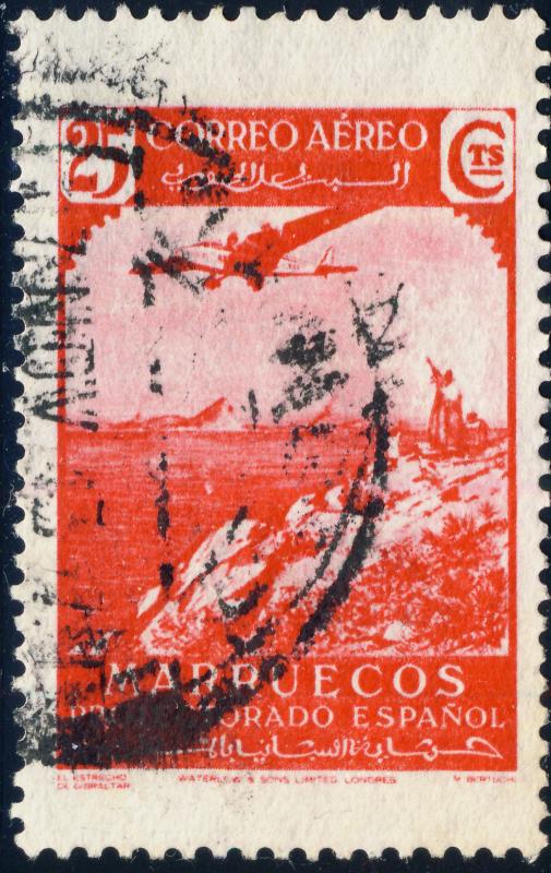 SPANISH MOROCCO - 1938 Mi.178 25c red Plane over Strait of Gibraltar - VF Used