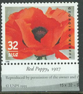 USA # 3069 Georgia O'Keefe w/ Red Poppy tab (1) Mint NH