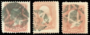 Scott #65, LOT/3 Different NEGATIVE 5 POINT STAR in CIRCLE Fancy Cancels! 