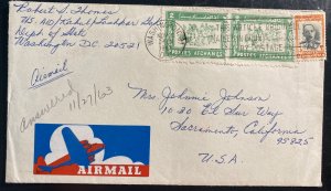 1963 Kabul Afganistan Airmail Diplomatic Cover To Sacramento CA Usa