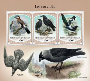 Chad 2021 MNH Birds on Stamps Crows Corvids Jays Magpies Rook 3v M/S