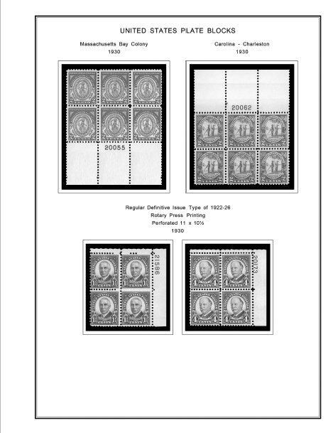 US 1930-1939 PLATE BLOCKS STAMP ALBUM PAGES (47 PDF b&w illustrated pages)