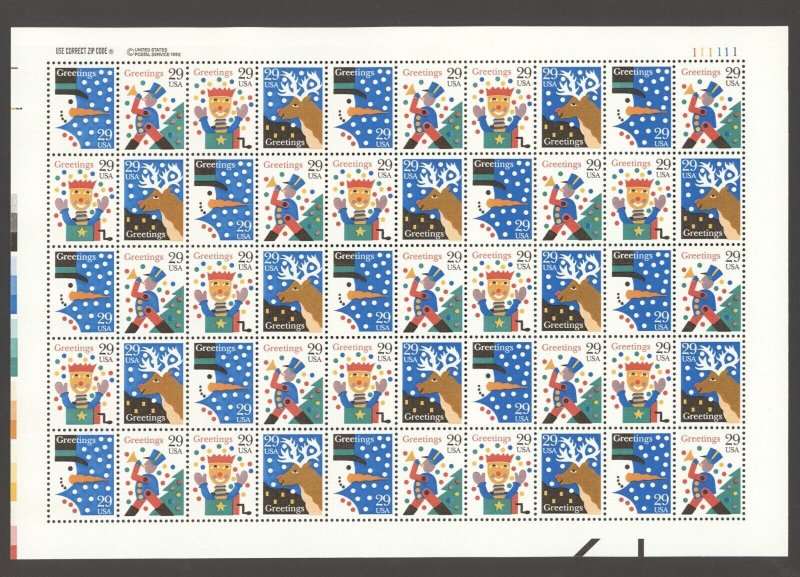 1993 Scott #2791-2794 29c Christmas Greetings, Sheet of 50 MNH P#111111