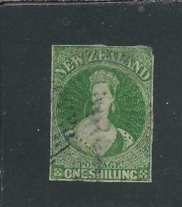 NEW ZEALAND 1862-63 1s DEEP GREEN PELURE PAPER FU SG 86 CAT £1100