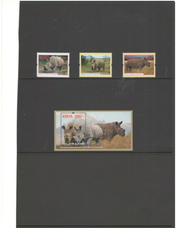 KENYA:NEW ISSUE / **ENDANGERED RHINOS  **/ Set of 3 & SS / MNH 