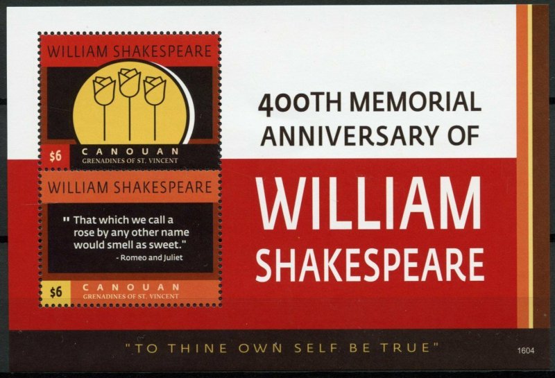 Canouan Gren St Vincent 2016 MNH William Shakespeare 400th Mem 1v S/S II Stamps 