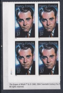 3911 Henry Fonda Plate Block MNH