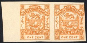 North Borneo SG37b 1c Orange Imperf Pair U/M Cat 50++ Pounds