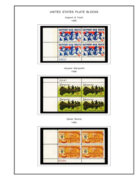 COLOR PRINTED US PLATE BLOCKS 1960-1969 STAMP ALBUM PAGES (68 illustrated pages)