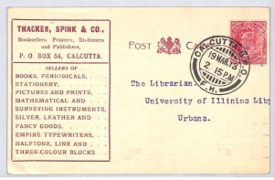 INDIA KEVII Advert Card *PERFIN* Calcutta 1913 USA Urbana University BOOKS PJ220