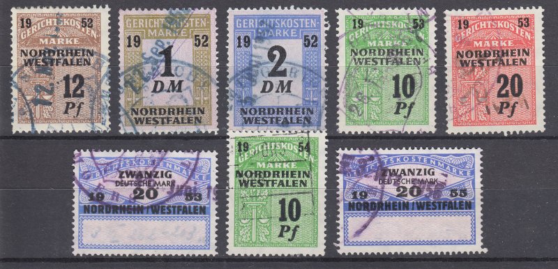 Germany, Nordrhein Westfalen, used 1952-55 Court Fee fiscal stamps, 8 different 