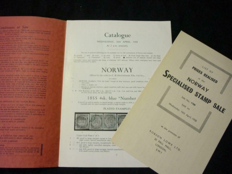 ROBSON LOWE AUCTION CATALOGUE 1958 NORWAY 'FRETTINGHAM' COLLECTION