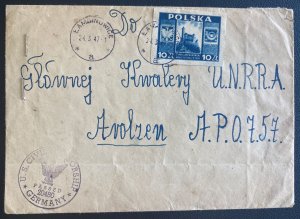 1947 Lambinuwice Poland Postwar cover To DP Camp UNRRA Avolzen Army Post office