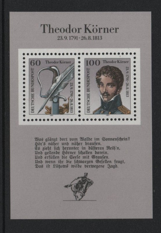 Germany  #1685  MNH   1991  sheet Theodor Korner  .  poet