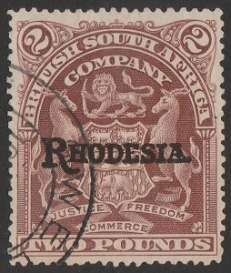 RHODESIA 1909 'RHODESIA' on Arms £2 brown. SG 113c cat £325.