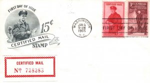 SCOTT FA1 CERTIFIED MAIL 15c (uprated) ON CACHET FDC WITH CERTIFIED LABEL 1955