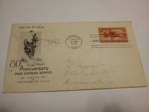 US 1940 First Day Cover #894 Pony Express, Sacramento, Ca  Artcraft Cachet $3 