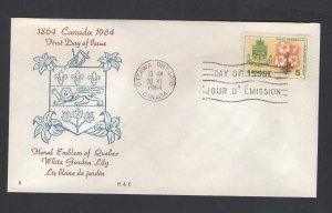 Canada #419  (1964 Quebec Garden Lily flower)  FDC H&E cachet unaddressed