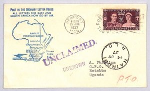 GB/UGANDA KGVI Cover IMPERIAL AIRWAYS Entebbe *UNCLAIMED* 1937 CORONATION ZE125