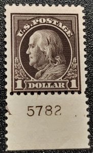 Scott Stamp# 518 - 1917 $1 Franklin MNH, OG Single Plate # Single. SCV $95.00