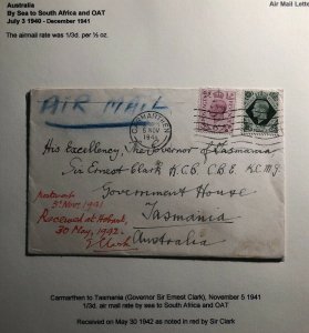 1941 Carmarthen Wales England Airmail OAT Cover To Tasmania Australia