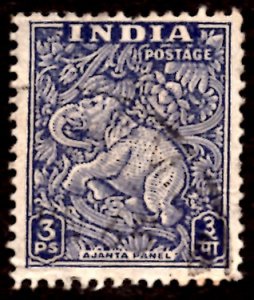 India 3p Ajanta Panel, Elephant Animals 1949 SG.309, Sc.207 Used (#07)