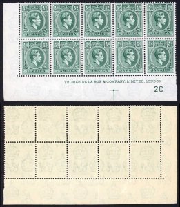 Jamaica SG121 1/2d Blue Green Plate 2C Block of 10 U/M