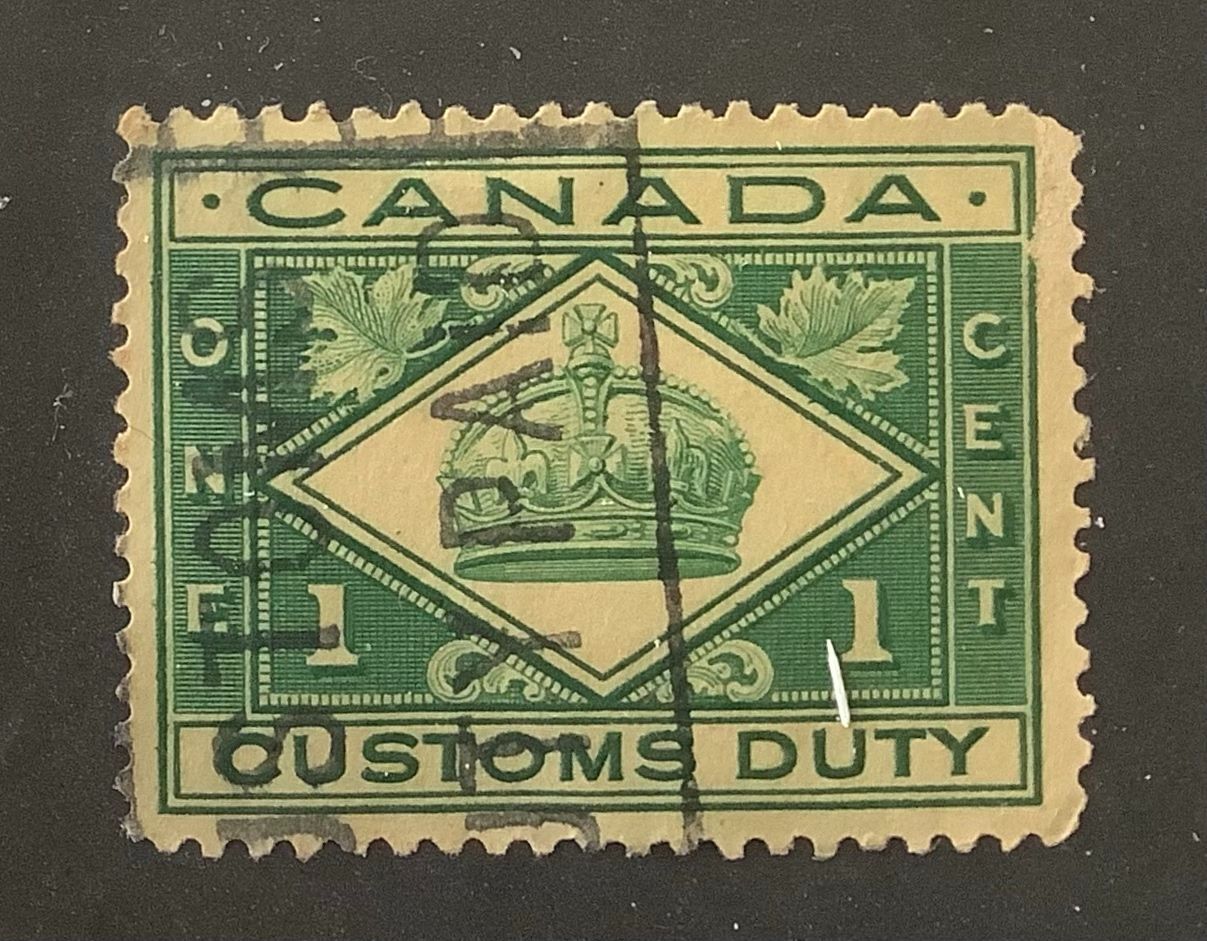 Canada 1912 used Customs duty stamp 1c, Royal crown Canada, Air