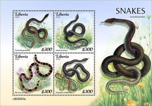 LIBERIA- 2023 - Snakes - Perf 4v Sheet - Mint Never Hinged