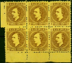 Sarawak 1871 3c Brown-Yellow SG2 Fine Unused Block of 6