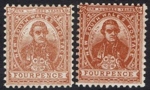 NEW SOUTH WALES 1905 CAPTAIN COOK 4D BOTH SHADES WMK CROWN/A