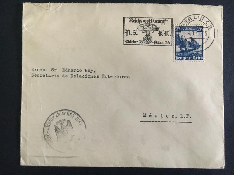 1936 Berlin Germany Cover To Mexico Ministry of Foreign Relations Ibero American