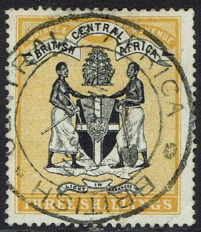 BRITISH CENTRAL AFRICA 1895 ARMS 3/- NO WMK FISCAL USED