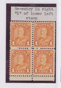 CANADA #162i One cent yellow with major re-entry which is ** BLOCK OF 4  Fine