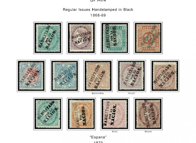 COLOR PRINTED SPAIN 1850-1940 STAMP ALBUM PAGES (42 illustrated pages)