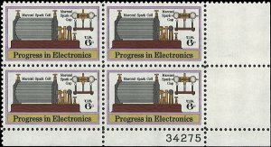 Scott # 1500 1973 6c multi Litho& Marconi
Equipment ; TAGGED Plate Block - Lo...