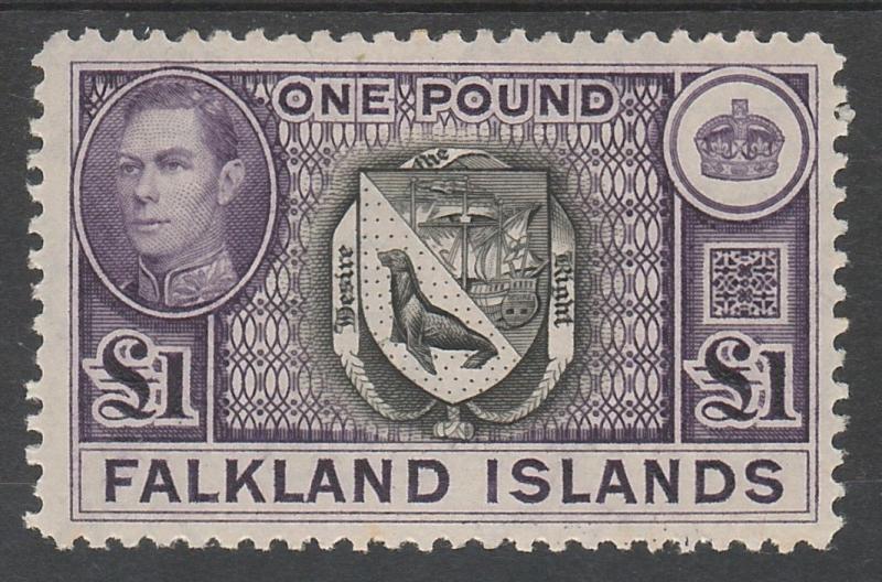 FALKLAND ISLANDS 1938 KGVI ARMS 1 POUND TOP VALUE 