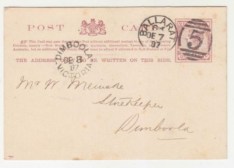 VICTORIA, Postal Card, 1887 1d. Brown, BALLARAT 5 duplex to Dimboola.