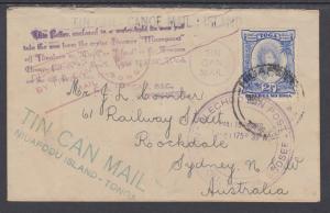 Tonga Sc 58 on 1937 Tin Can Mail Cover to Sydney, New South Wales