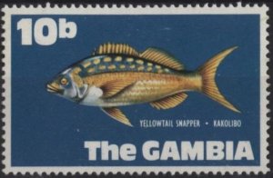 Gambia 257 (mh) 10b yellowtail snapper, lt Prus blue background (1971)