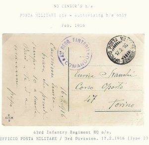 Italia 1916 43° REGG. FANTERIA COMANDO ppc UFFICIO POSTA MILITARE Torino Italy