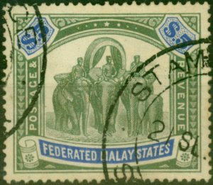 Fed of Malay States 1908 $5 Green & Blue SG50 Fine Used Fiscal Cancel