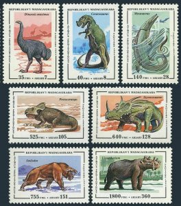 Malagasy 1174-1180, 1181, MNH. Mi 1675-1681, Bl.257. Prehistoric animals, Birds.