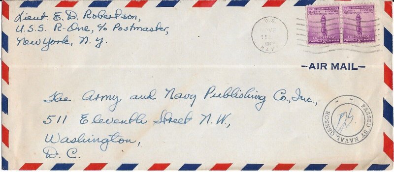 1942 USS R-1 (SS-78) to Washington DC Airmail, Censored (N8444 ...