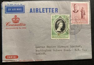 1953 Mauritius Air Letter Cover FDC To London Queen Elizabeth II Coronation B 