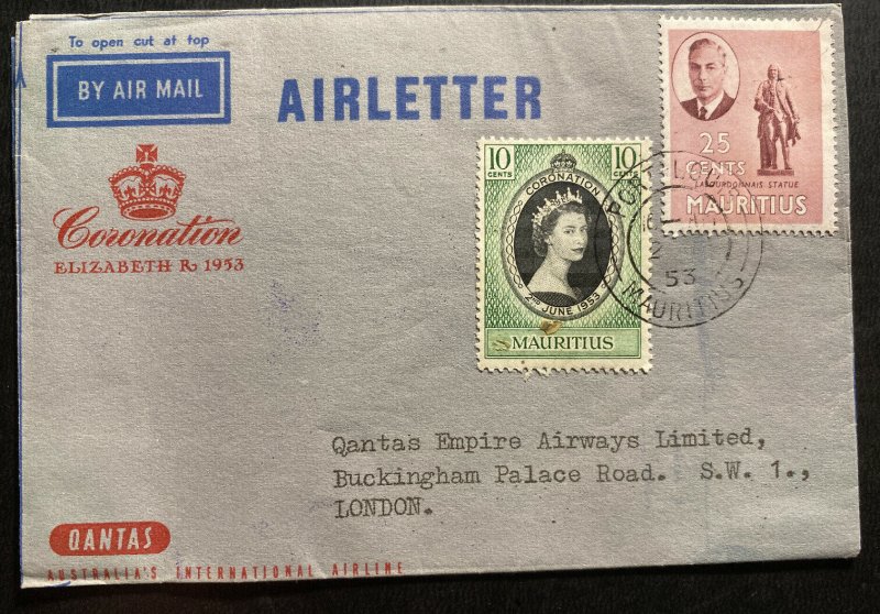 1953 Mauritius Air Letter Cover FDC To London Queen Elizabeth II Coronation B 