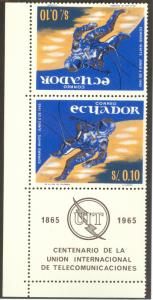 ECUADOR 1966 SPACE ASTRONAUT Tete Beche + ITU Label Pair Sc 749v NH