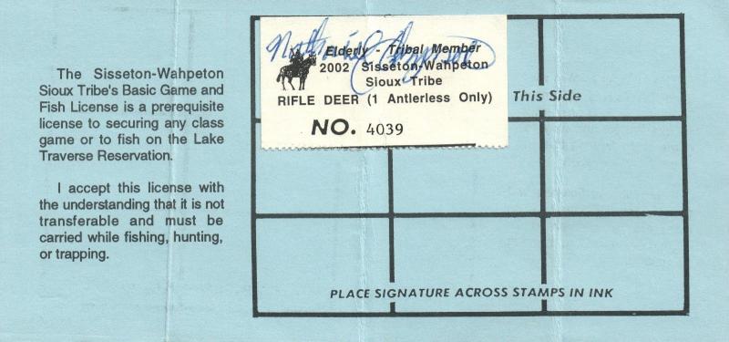 2002 USA Stamp #LTD100 Sisseton-Wahpeton Sioux Tribe Game & Fish Hunting License 