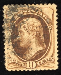 US Scott 187 Used 10c brown Thomas Jefferson, w/o Secret Mark Lot T934 bhmstamps